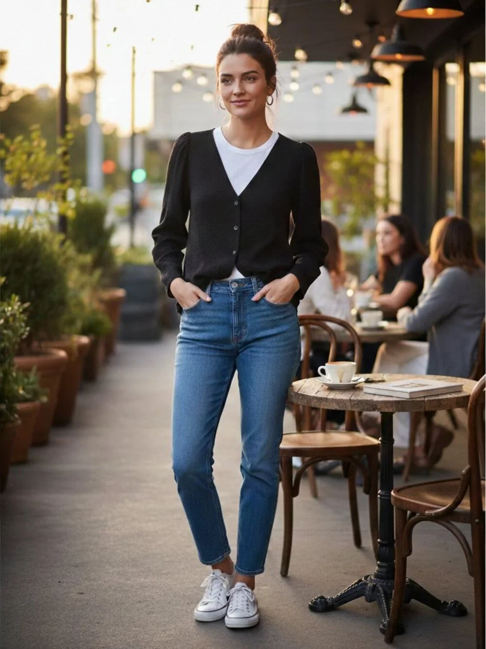 Madewell Westover Top Black Check V-Neck Button Front Long Sleeve Blouse Size 8